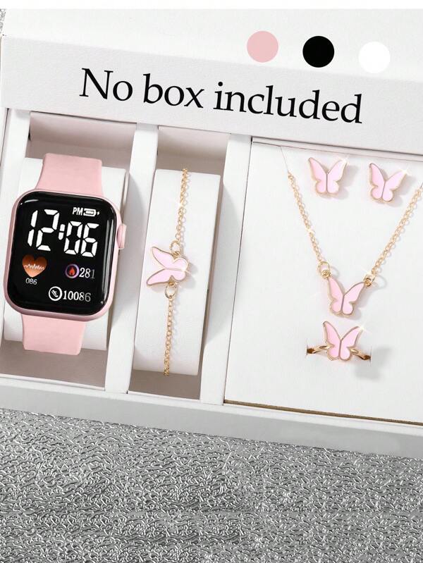 6 قطع/طقم أنيق وأنيق ساعة رقمية مربعة الشكل ومجموعة مجوهرات فراشة، قلادة ، سوار ، أقراط ،خواتم ،للخروج والسفر مناسبة لمعرفة الوقت ، هدايا للأصدقاء