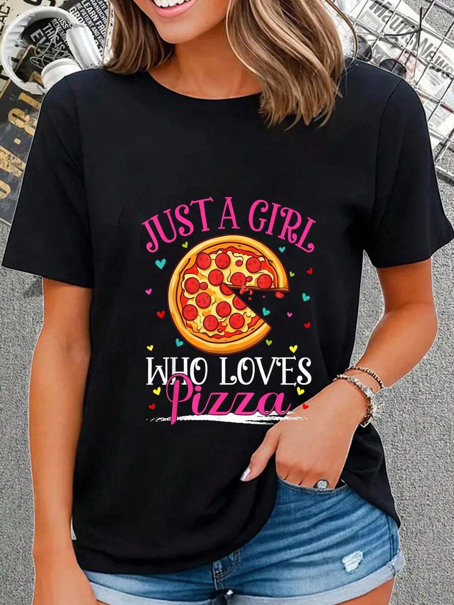 Just A Girl Who Loves Pizza For Women Girls T-Shirt Casual Short Sleeve Shirt - Black - View 1