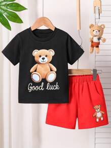 2 pièces/set t-shirt à manches courtes et shorts d'été pour tout-petits garçons, avec imprimé de lettre porte-bonheur et d'ours, tenues décontractées mignonnes