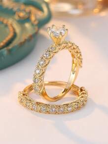 2pcs Set Luxury White Cubic Zirconia Copper Ring Sets, Stackable Wedding Party Rings Perfect Gift For Him And Her - Yellow Gold - View 13