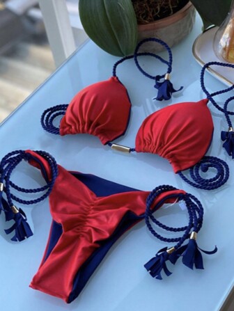 Biquíni feminino de alta qualidade, sexy, com amarração no pescoço e costas nuas, modelo 2025, com detalhes trançados.