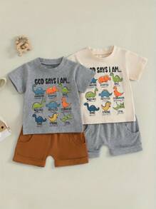 Summer Outfits Dinosaur Letter Print Round Neck Short Sleeve Tops With Solid Shorts Outfit - Beige - View 3