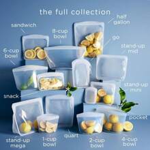 Bolsa de almacenamiento de silicona reutilizable Stasher, contenedor de almacenamiento de alimentos, apto para microondas y lavavajillas, a prueba de fugas,ón de 8 tazas, transparente - Transparente - Ver 6