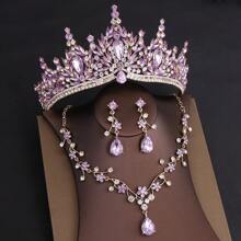 巴洛克皇冠头饰婚礼首饰套装，欧式奢华水晶皇冠项链耳环 3 件套装，生日皇冠新娘礼服配饰