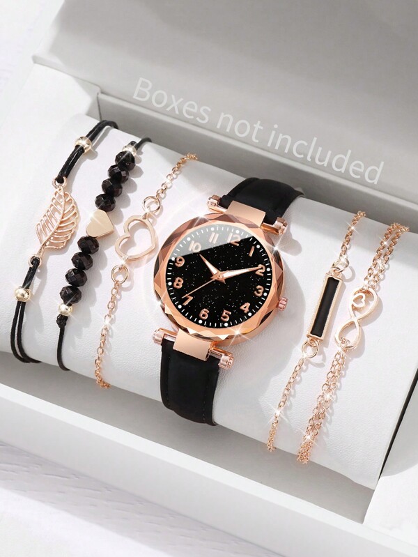 6-delige set elegante quartzhorloges voor dames met minimalistische sterrenhemelwijzerplaat en numerieke schaal + modieuze armband, exclusief horlogedoos