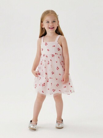 MARC&JANIE 年輕甜美可愛櫻桃全印花網狀細肩帶洋裝公主裝，夏季