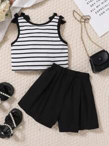 Young Girl Black & White Ribbed Sleeveless Top With Bow Accent + Solid Black Shorts, Spring/Summer Set - Black - View 3