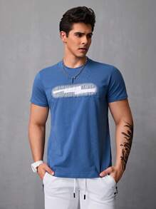 Camiseta De Hombre Decorada Con Letras Tridimensionales,Camiseta Sencilla De Color Liso,Camiseta De Manga Corta Con Cuello Redondo - Azul - Ver 5