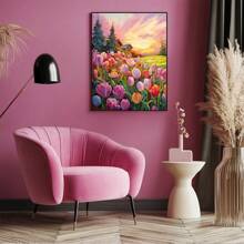 1 pieza Póster de arte mural botánico, Pintura al óleo del campo de tulipanes rosados, Impresión de lienzo del paisaje del atardecer y el ocaso colorido, Pintura de acuarela y óleo floral y de plantas, Decoración mural sin marco, Decoración de habitación, Impresiones de arte mural en lienzo, Decoración de primavera y dormitorio