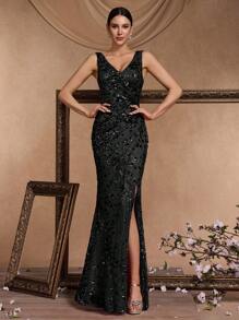 BluePlum Đầm dạ hội cao cấp, sang trọng, co giãn, đính sequin, cổ chữ V, xẻ cao, đuôi cá, thiết kế hở lưng tinh tế, phù hợp cho tiệc cocktail, đám cưới, các dịp trang trọng, màu đen mùa xuân. - màu đen - Xem 4