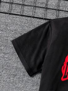 2 件套 Tween Boys 火焰与洛杉矶字母印花圆领短袖 T 恤和短裤套装，春夏