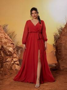 Mgiacy Váy phù dâu màu trơn cổ chữ V mới đến, thắt nơ nhún bèo, tay dài, váy dài bằng vải voan - Màu Cam cháy - Xem 3