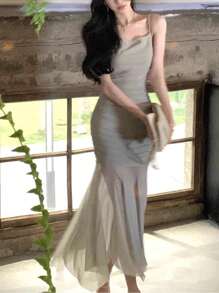 Summer Mesh Spaghetti Straps Asymmetric Mermaid Dress Elegant Plain Corset Evening Party Robe Women Vacation Clothes,Bridesmaid Dress - Grey - View 6