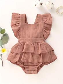 Baby Girls Sleeveless Ruffle Romper, Backless Solid Color Jumpsuit, Cute Summer One-Piece Clothes - naranja - Ver 4