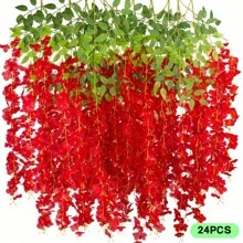 24 件粉色紫藤花环 - 防水人造花，适用于婚礼、派对、家居和办公室装饰 | 非常适合天花板、阳台和墙壁悬挂，假植物