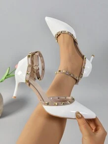 Nuove scarpe da donna con borchie, stringate, con punta affusolata, tacco alto comodo, sandali stiletto alla moda e versatili con tacco medio e aperture, décolleté vintage con un fibbia e punta chiusa - Bianco - Visualizzare 1