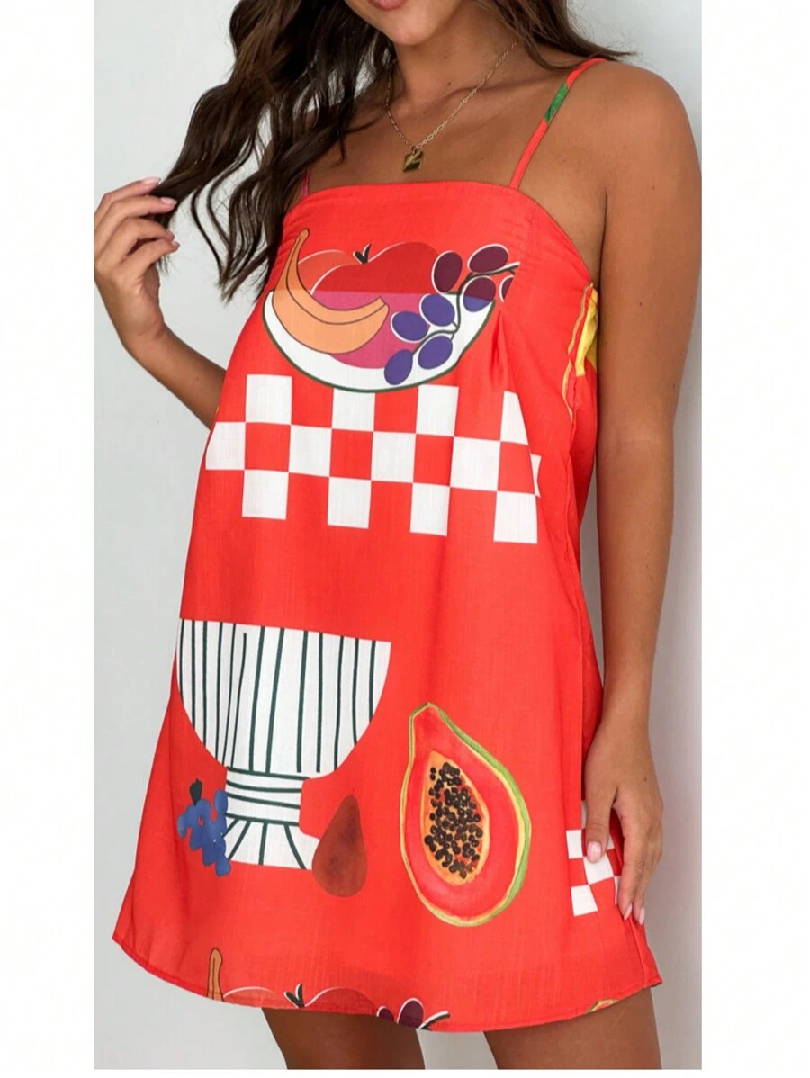 Women Slip Dress, Spaghetti Straps Backless Graphic Print A-Line Dress Summer Mini Dress - Đỏ - Xem 1