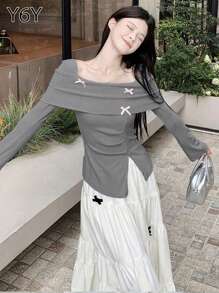 [Y6Y] 蝴蝶结露肩柔美长袖针织上衣 | 不对称下摆设计，适合秋冬 - 灰色 - 查看 6
