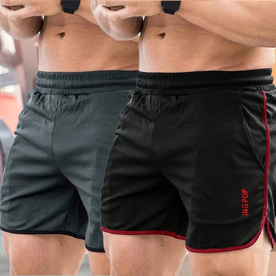 2 Pieces Men's Bodybuilding Training Running Shorts, With Two-Piece Print And Stylish Style - màu đen - Xem 1