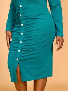 Plus Size Spring Green Easter Asymmetric Hollow Out Long Sleeve Ruched Button Front Bodycon Work Dresses For Birthday, Wedding Guest, Graduation, Dinner, Homecoming - Green - View 10