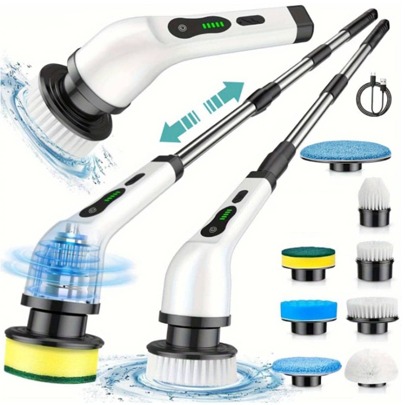 1 Set, Electric Rotary Floor Scrubber With 8 Replaceable Brush Heads, Electric Cordless Electric Cleaning Brush With Adjustable Long Handle, Rechargeable Shower Floor Scrubber For Bathroom, Kitchen, Bath, Tile, Shower And Car, Cleaning Supplies