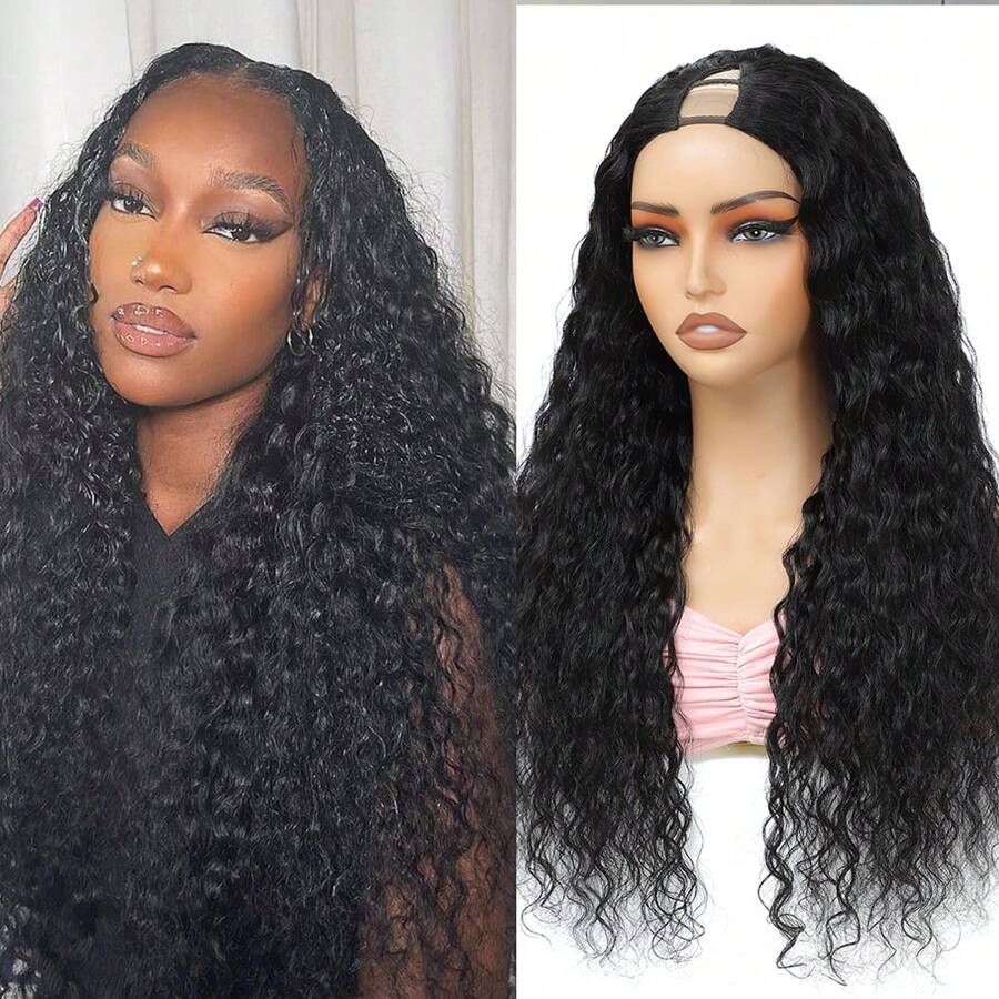 26-28 Inch V Part Wig Human Hair No Leave Out Upgrade V Part Human Hair Wig For Women 200% Kinky Curly V Shape Wig No Glue Clip In Half Wig V Part Wigs Human Hair 200% Density Curly Hair Wigs Human Hair Kinky Curly Wigs Human Hair Pre Plucked V Part Wig Beginner Friendly No Sew In NO Glue - #1B Black - View 1