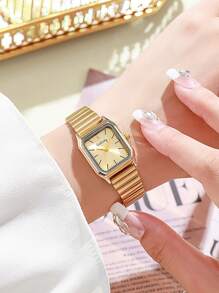 1pc Women's Gold Elegant Stainless Steel Strap Quartz Watch, Simple Style , Great For Festival Present