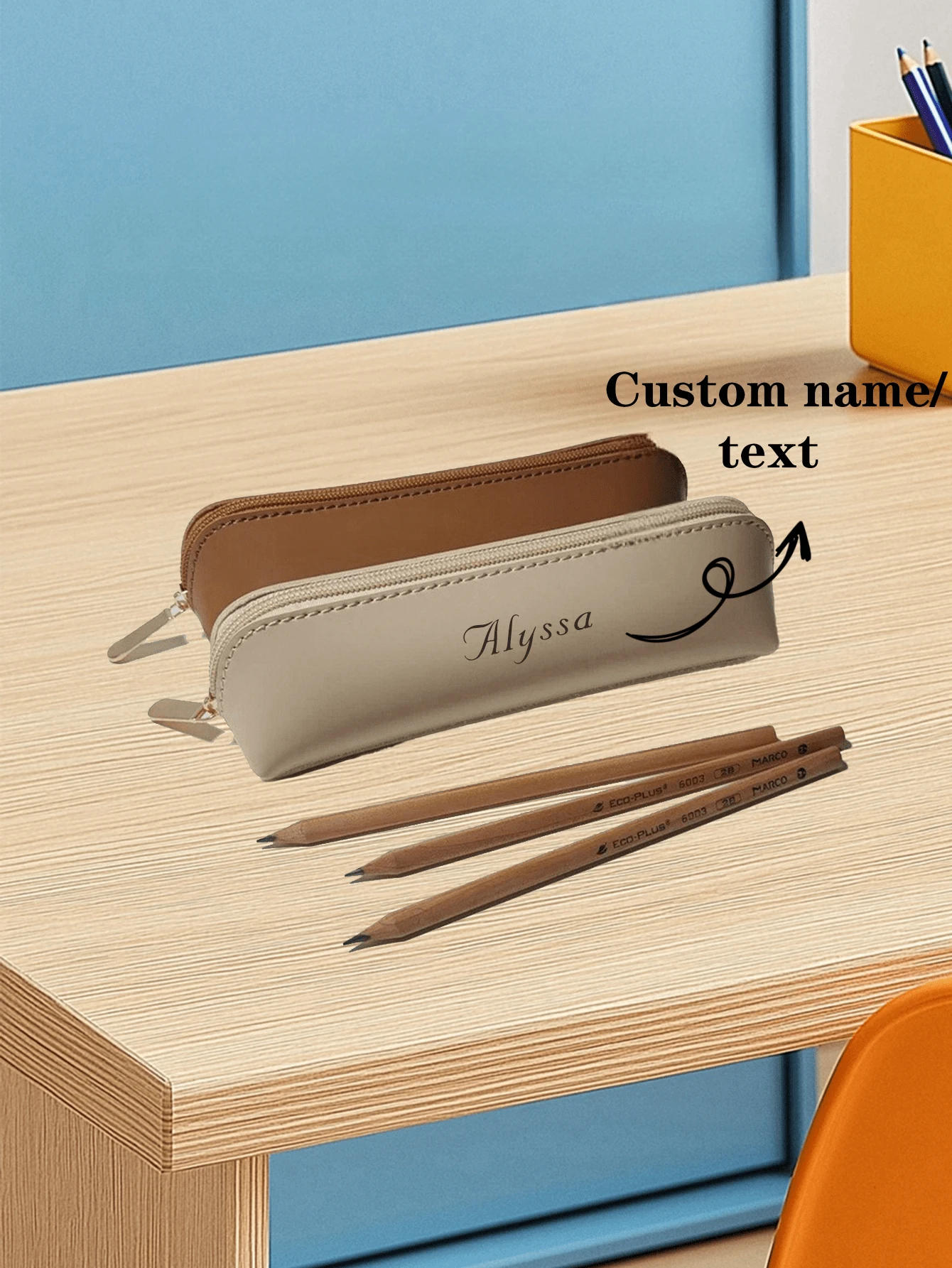 1 pieza Estuche de lápices de piel de poliuretano color caramelo personalizado, con nombre o texto personalizado, unicolor minimalista, compacto y portátil, estuche de almacenamiento esencial para estudiantes y trabajadores de oficina, regalo de vuelta al cole, útiles escolares