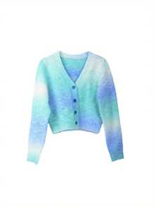 Women Gradient Crop Tops, Knitting Cross Bandage Long Sleeve V-Neck Buttons Spring Fall Cardigan - Blue - View 5