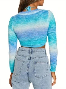 Women Gradient Crop Tops, Knitting Cross Bandage Long Sleeve V-Neck Buttons Spring Fall Cardigan - Blue - View 9