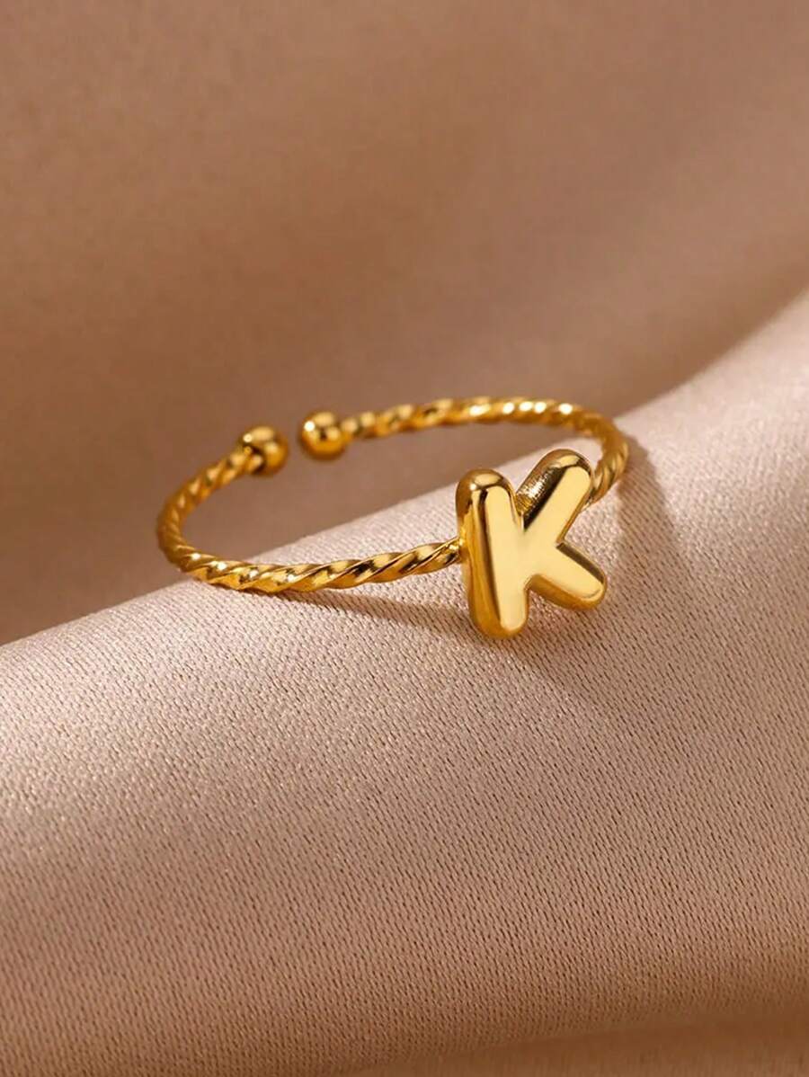 Cute Chunky Stainless Steel Intial Rings For Women Girls Open Adjustable Gold Color Letter Ring Female Alphabet Jewelry Gift - Yellow Gold - View 1