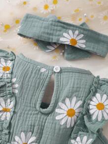 Zomerjurk voor babymeisjes - Mouwloze linnen jurk met madeliefjesprint en haarband