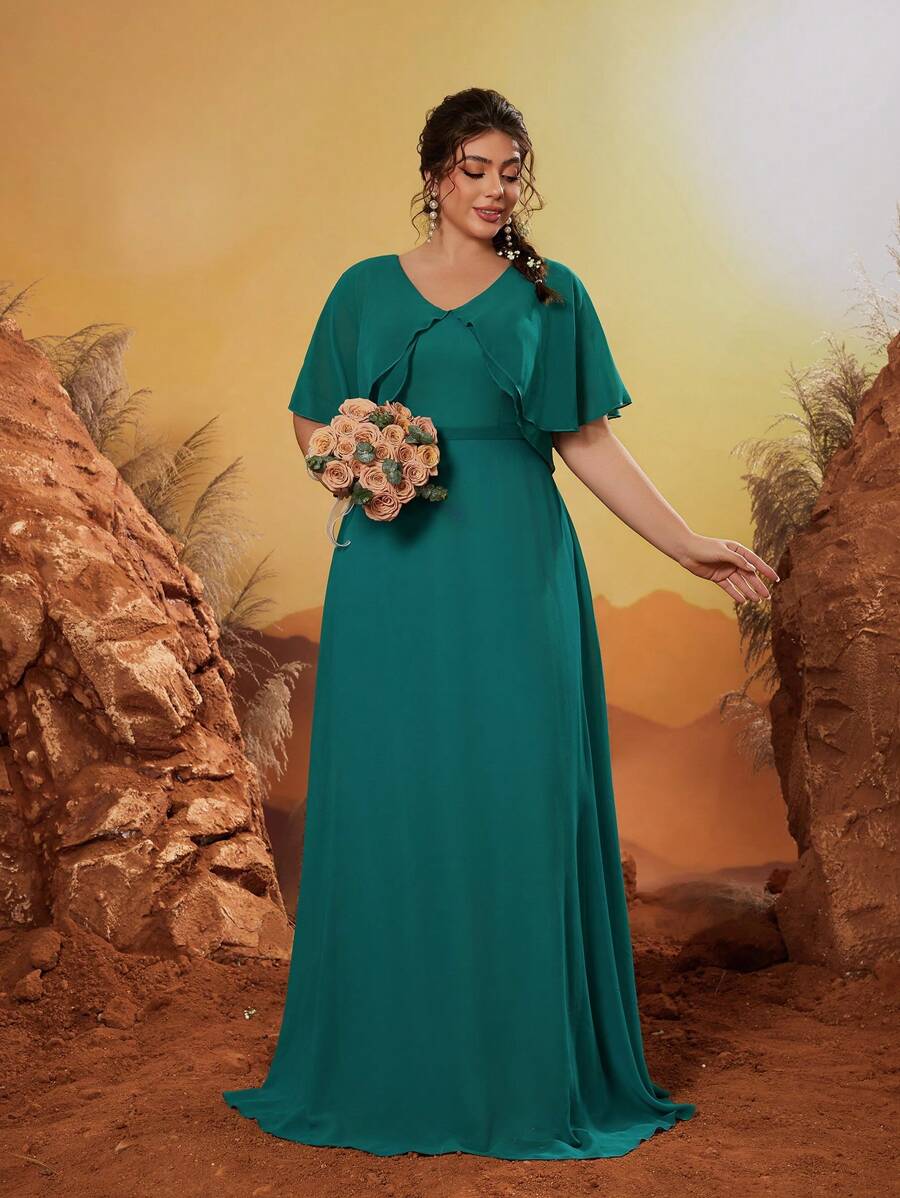 Mgiacy 大码 V 领双层雪纺连衣裙，带荷叶边袖伴娘礼服