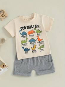 Summer Outfits Dinosaur Letter Print Round Neck Short Sleeve Tops With Solid Shorts Outfit - Beige - View 5