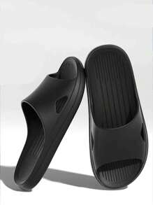 Women's Fashionable Versatile Casual Soft Minimalist Design Black Matte Quiet Thick Sole Non-Slip Odor-Resistant EVA Material Slip-On House Slippers, New Bestseller Of All Seasons