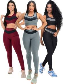 Leggings + Cropped Top Set With Suplex Pad Extra Fitness / Women's Gym Fashion - 灰色 - 查看 5