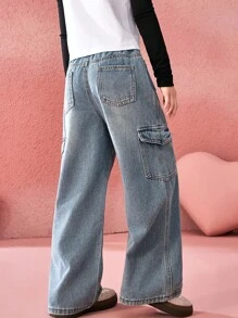 ASK JUNIOR Twenn 女童儿童裤子春夏女童复古洗水牛仔裤直筒工装口袋休闲裤