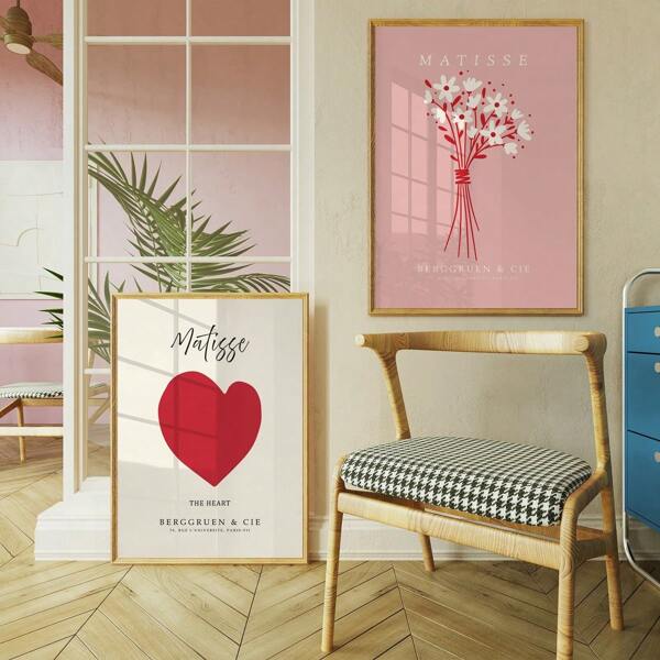 Conjunto de arte em tela de 2 peças Matisse Heart & Pink Bouquet - pôsteres de amor estéticos modernos, decoração de parede sem moldura para quarto, sala de estar, área de jantar