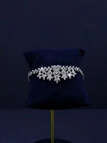 5 pièces Série royale de luxe Ensemble de bijoux de mariage à design de feuille, comprenant un collier, un bracelet, des boucles d'oreilles, une bague, sertis de cubic zirconia. Convient pour un port quotidien et un mariage. Cadeau pour l'anniversaire (boîte cadeau premium incluse)