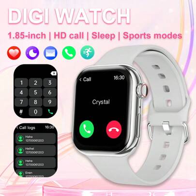 热门 1 件装硅胶智能手表表带，适合时尚女性，1.85 英寸全高清触摸屏，接听/拨打电话，心率监测，多种运动模式，闹钟和通知提醒，兼容 Android 和 IOS