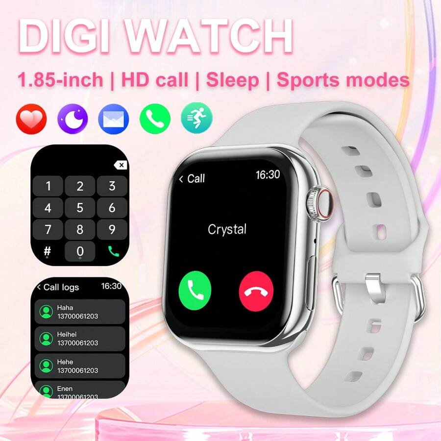 1 pieza Correa de reloj inteligente de silicona a la moda para mujeres, pantalla táctil FHD de 1,85", contestar/hacer llamadas, monitoreo de frecuencia cardíaca, múltiples modos deportivos, alarmas y alertas de notificaciones, compatible con Android e iOS - Blanco - Ver 1