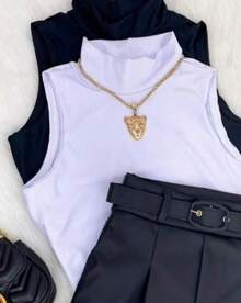 Casual Summer Turtleneck Tank Top - 白色 - 查看 1