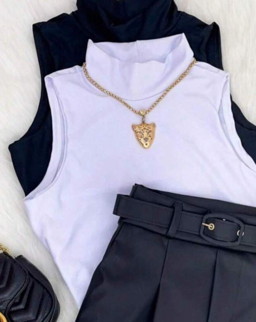 Casual Summer Turtleneck Tank Top - 白色 - 查看 1