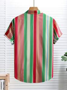 Men's Casual Striped Short Sleeve Shirt, Lightweight Orange & Green Fine Striped Vacation Shirt, Summer - Orange - View 2