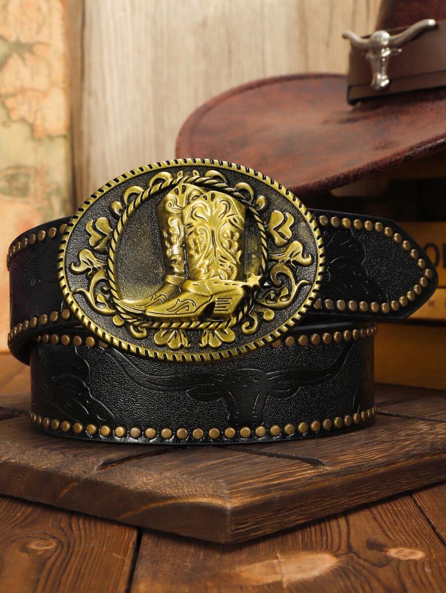 1PC Fashion Long Horn Bull Head Relief Pattern Bronze Willow Nail Decoration Black Leather Retro Bronze Western Boots Buckle Men's Belt/Men's Retro Belt/Men's Belt Street Rock Millennium Western Retro Bronze Western Boots Buckle Men's Cowboy Belt Boys' Party, Ball, Sparkling Decoration, Outing, Daily Leisure Outing Dress