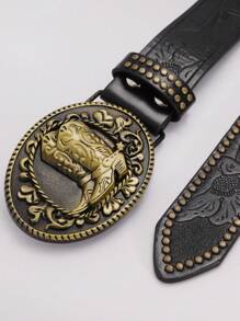1PC Fashion Long Horn Bull Head Relief Pattern Bronze Willow Nail Decoration Black Leather Retro Bronze Western Boots Buckle Men's Belt/Men's Retro Belt/Men's Belt Street Rock Millennium Western Retro Bronze Western Boots Buckle Men's Cowboy Belt Boys' Party, Ball, Sparkling Decoration, Outing, Daily Leisure Outing Dress