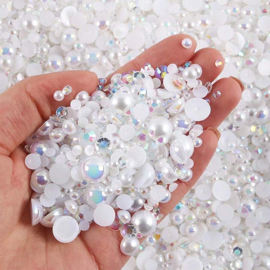2.368 hạt ngọc trai nhựa hỗn hợp 3-10mm đính đá giả ngọc trai mặt phẳng, phụ kiện trang sức thủ công DIY dùng cho ốp lưng điện thoại, gương trang điểm, cốc, trang trí giày dép