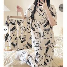 COTOLO Conjunto de 4 piezas de ropa informal para el hogar para mujer, cuello redondo, manga corta, pantalones largos, pantalones cortos y camisón, ligero y transpirable, con estampado lindo multicolor a la moda - Blanco y Negro - Ver 2