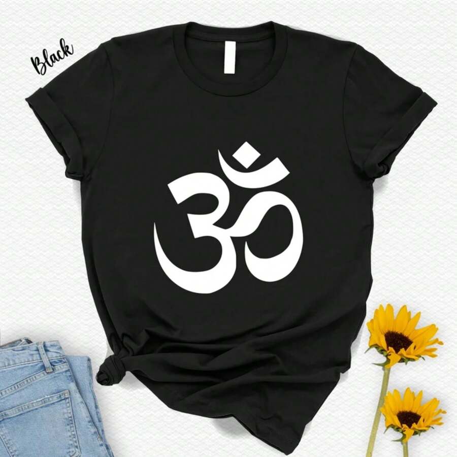 Ohm Devanagari Symbol T-Shirt Yoga Meditation Om Sign Tee Hin-Duism Spiritual Clothing, Yoga Lovers Tshirt, Yoga Tshirt - 黑色 - 查看 1