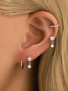 1 pieza Delicado juego de pendientes de aro abrazador de plata de ley 925 con flores y círculos, con Zirconia colgante, pendientes de oro hipoalergénicos para uso diario de mujer